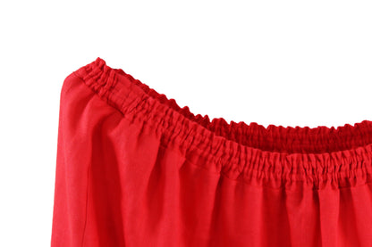 Falda alforzas de lino color rojo, vista del elastico de la cintura.