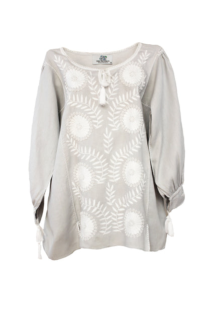 Blusa larga lino, bordado Aguacatenango. Gris claro