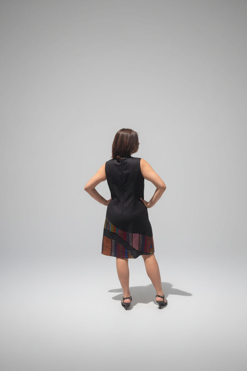 Vestido de lino con aplicaciones de telar multicolor Comitán