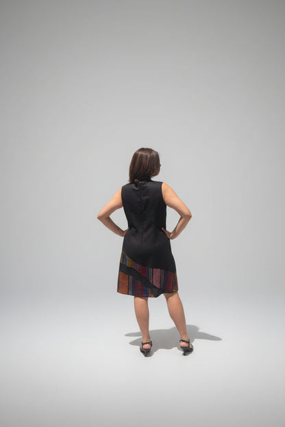 Vestido de lino con aplicaciones de telar multicolor Comitán