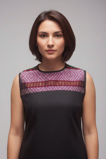 Vestido de lino con aplicaciones de telar multicolor Comitán