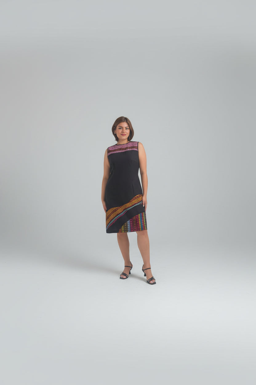 Vestido de lino con aplicaciones de telar multicolor Comitán