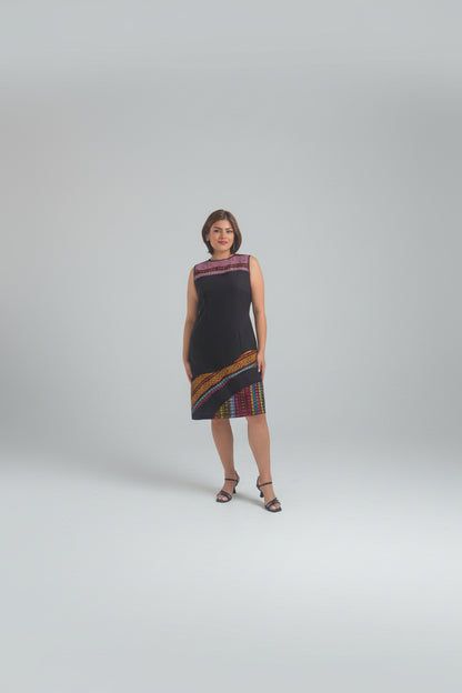 Vestido de lino con aplicaciones de telar multicolor Comitán