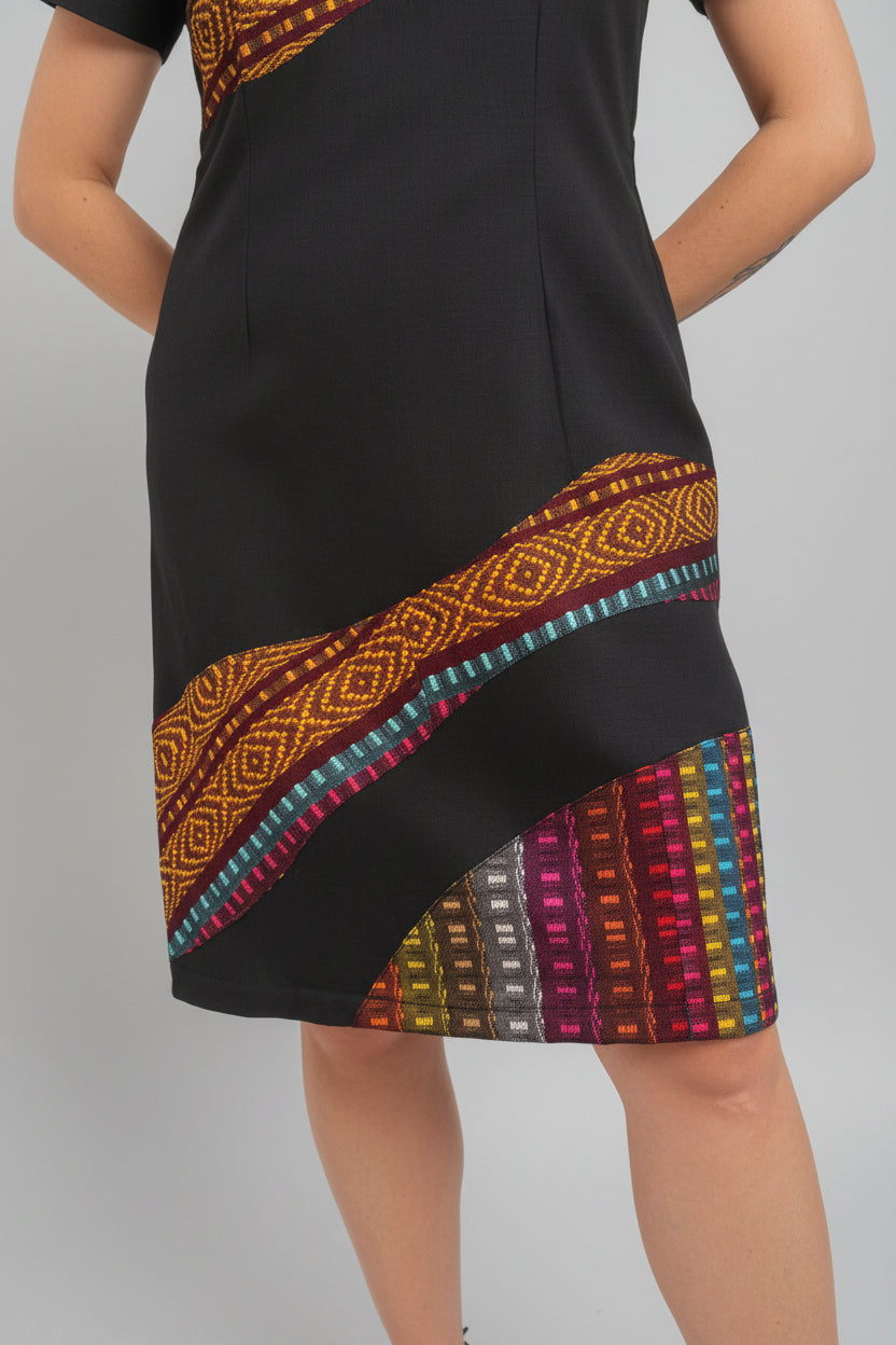 Vestido de lino con aplicaciones de telar multicolor Comitán