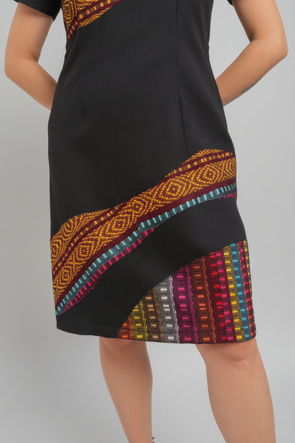 Vestido de lino con aplicaciones de telar multicolor Comitán