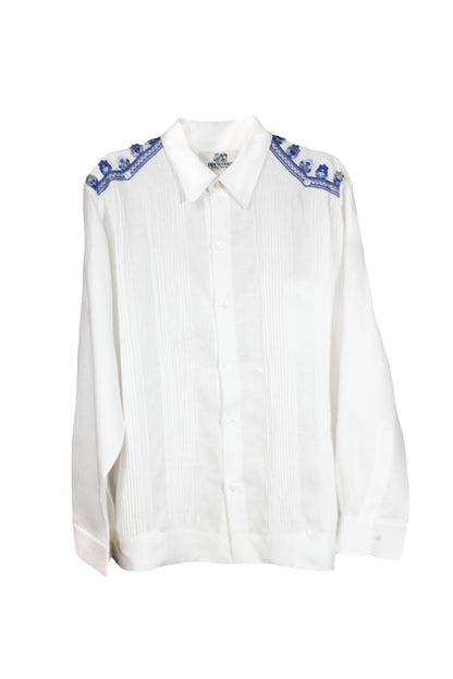 Guayabera de lino bordado flores azul