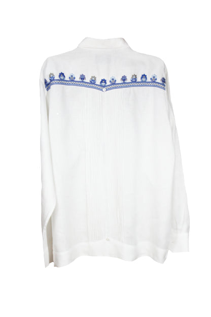 Guayabera de lino bordado flores azul