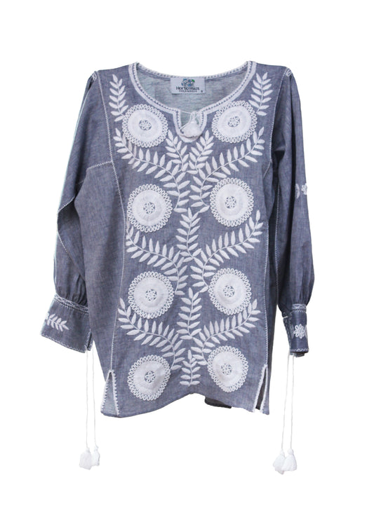 Blusa larga, bordado Aguacatenango. Mezclilla