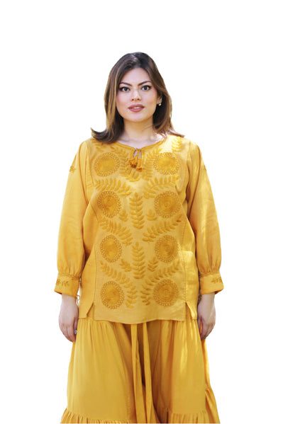 Blusa larga lino, bordado Aguacatenango. Mostaza