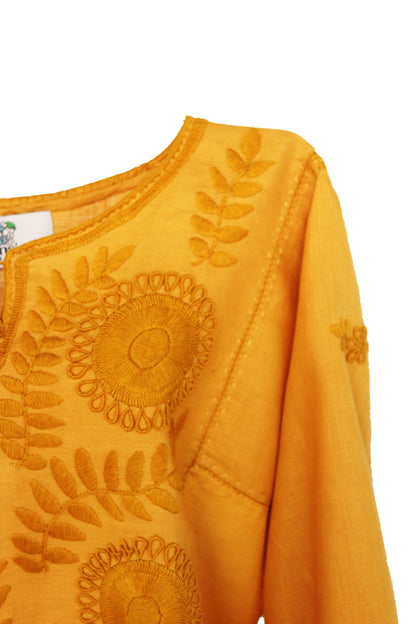 Blusa larga lino, bordado Aguacatenango. Mostaza