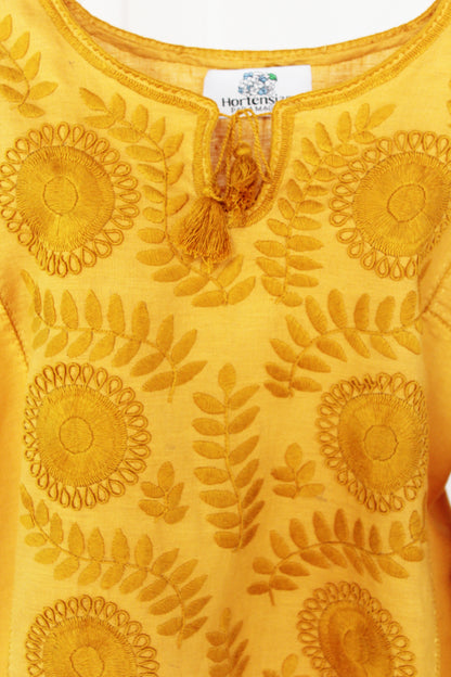 Blusa larga lino, bordado Aguacatenango. Mostaza