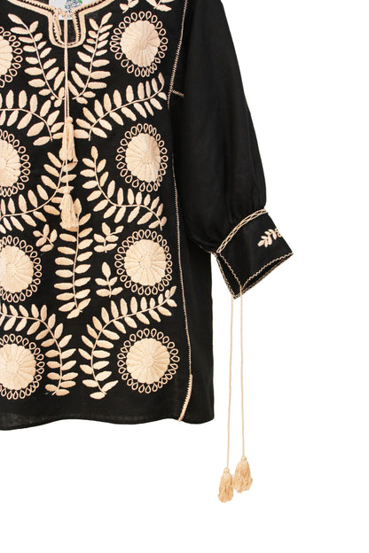 Blusa larga lino, bordado Aguacatenango. Negro