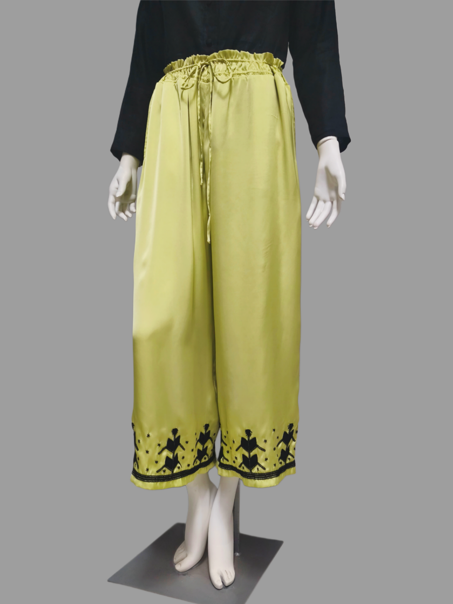 Pantalón satín bordado milpa color verde limón