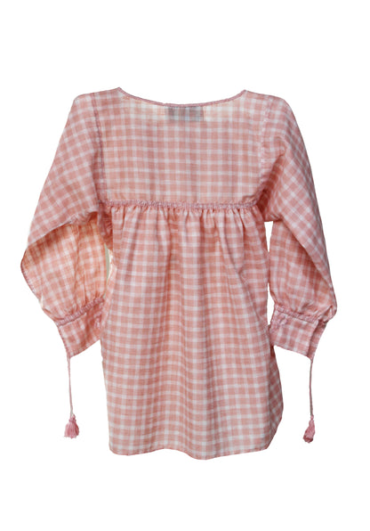 Blusa Aguacatenango Bolitas. Cuadros Salmón