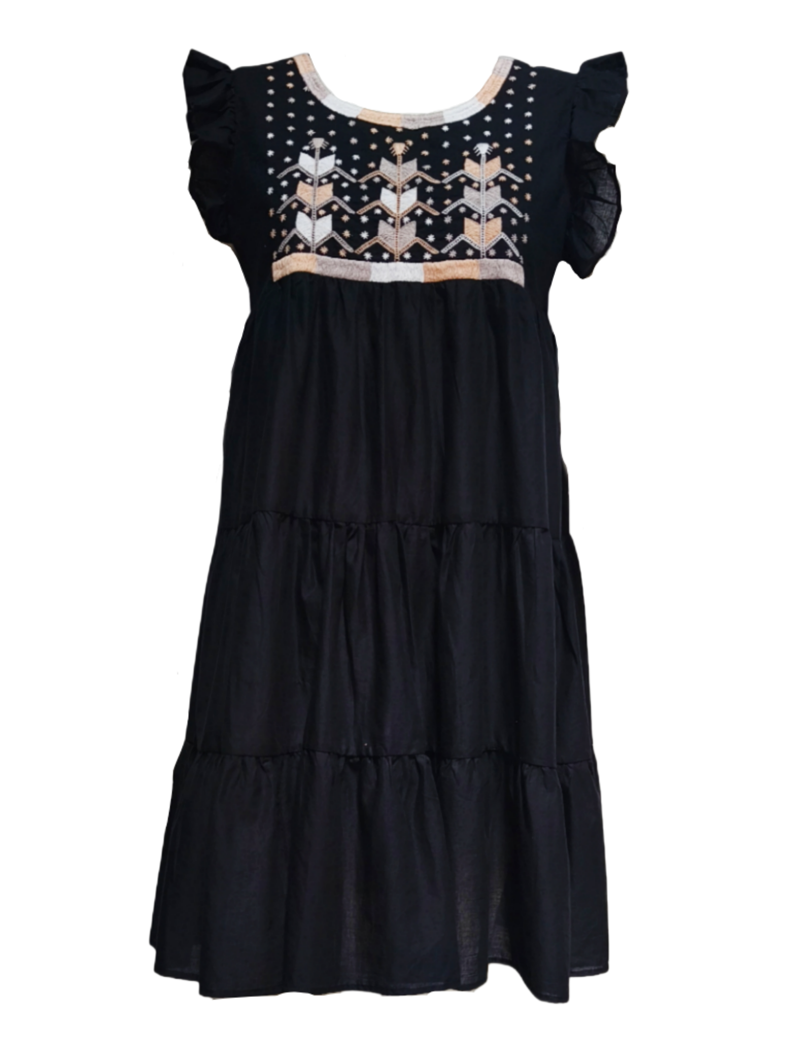 Vestido 3 olanes Bordado milpa color negro, vista frontal.