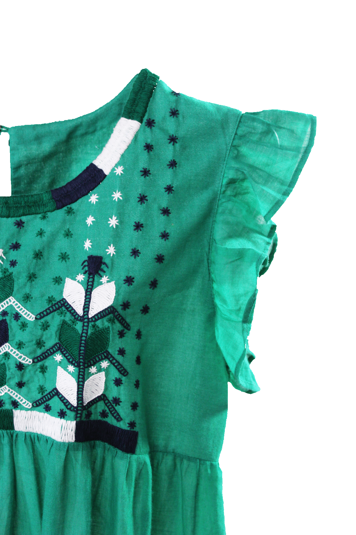 Vestido 3 olanes milpa color verde, detalle del bordado