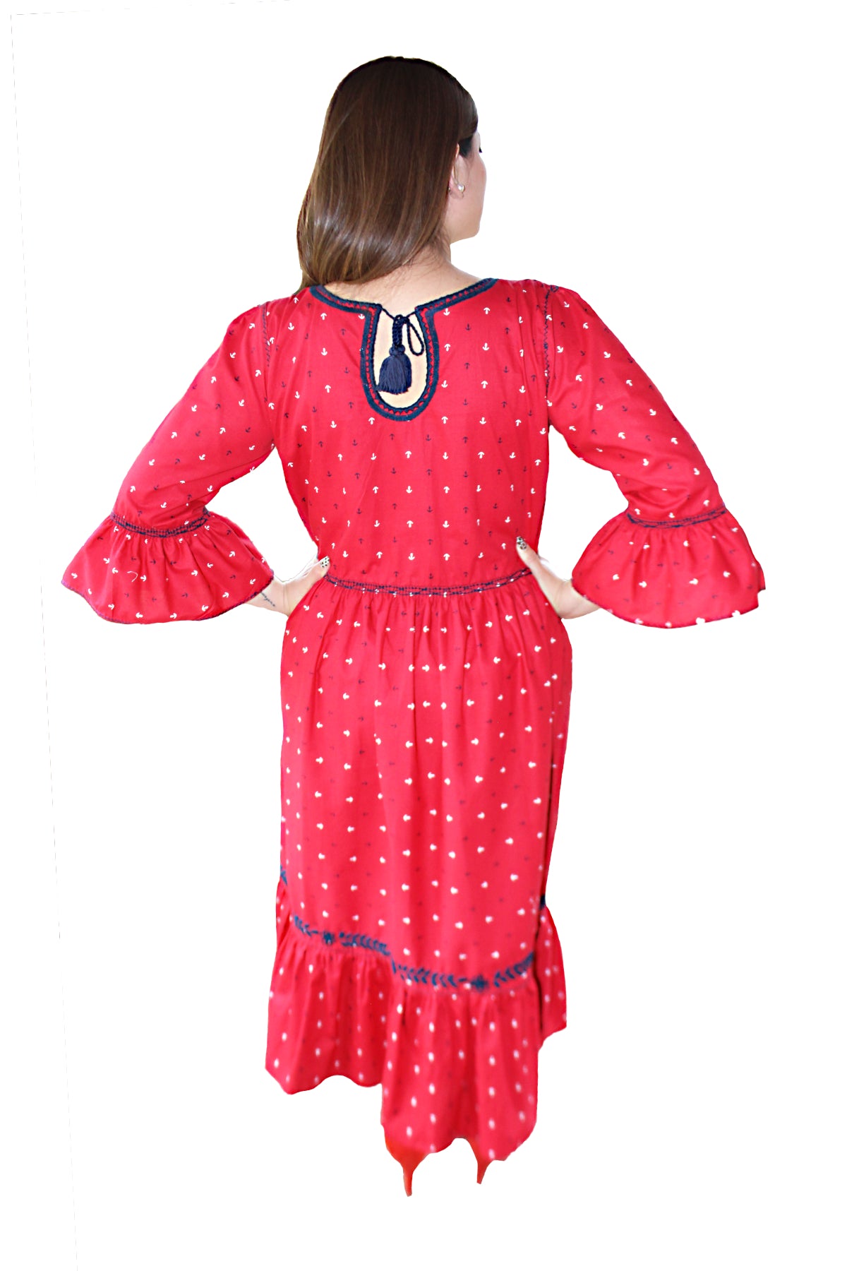 Vestido Chiapas Aguacatenango manga campana color rojo, bordado azul marino, vista posterior.