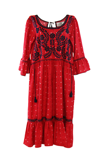 Vestido Chiapas Aguacatenango manga campana color rojo, bordado azul marino.
