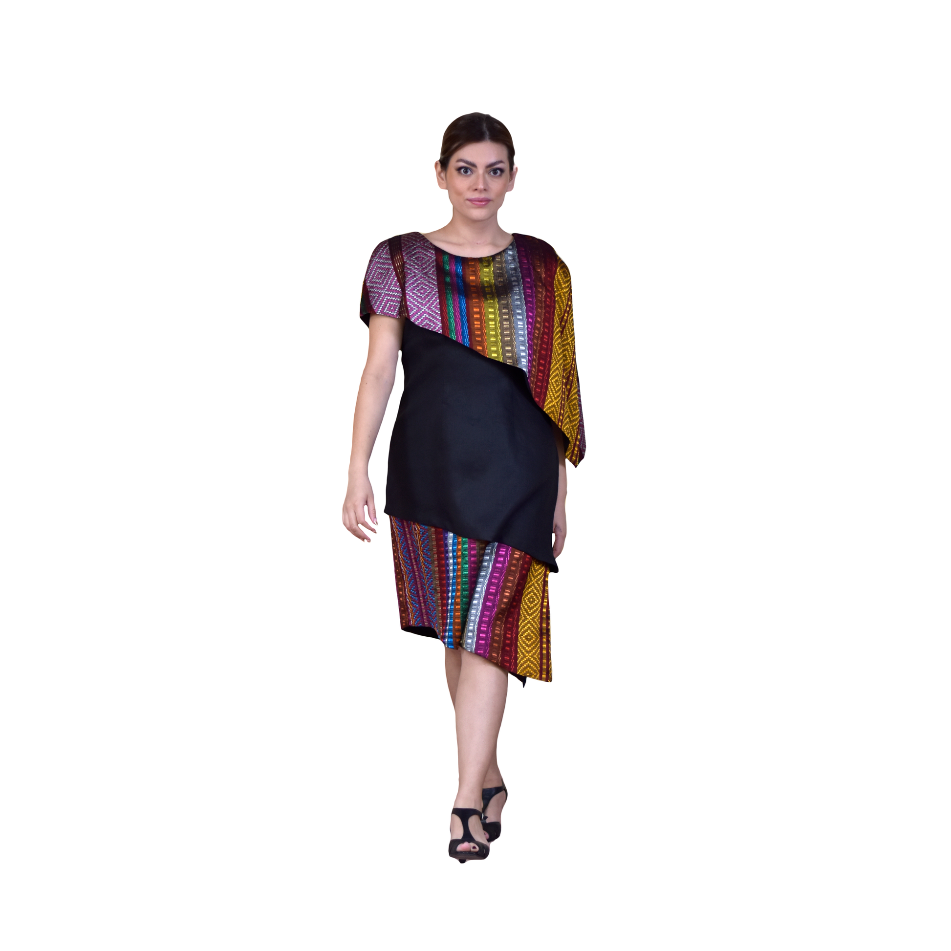 Vestido Diagonal Brocado Lino negro, vista frontal en modelo.