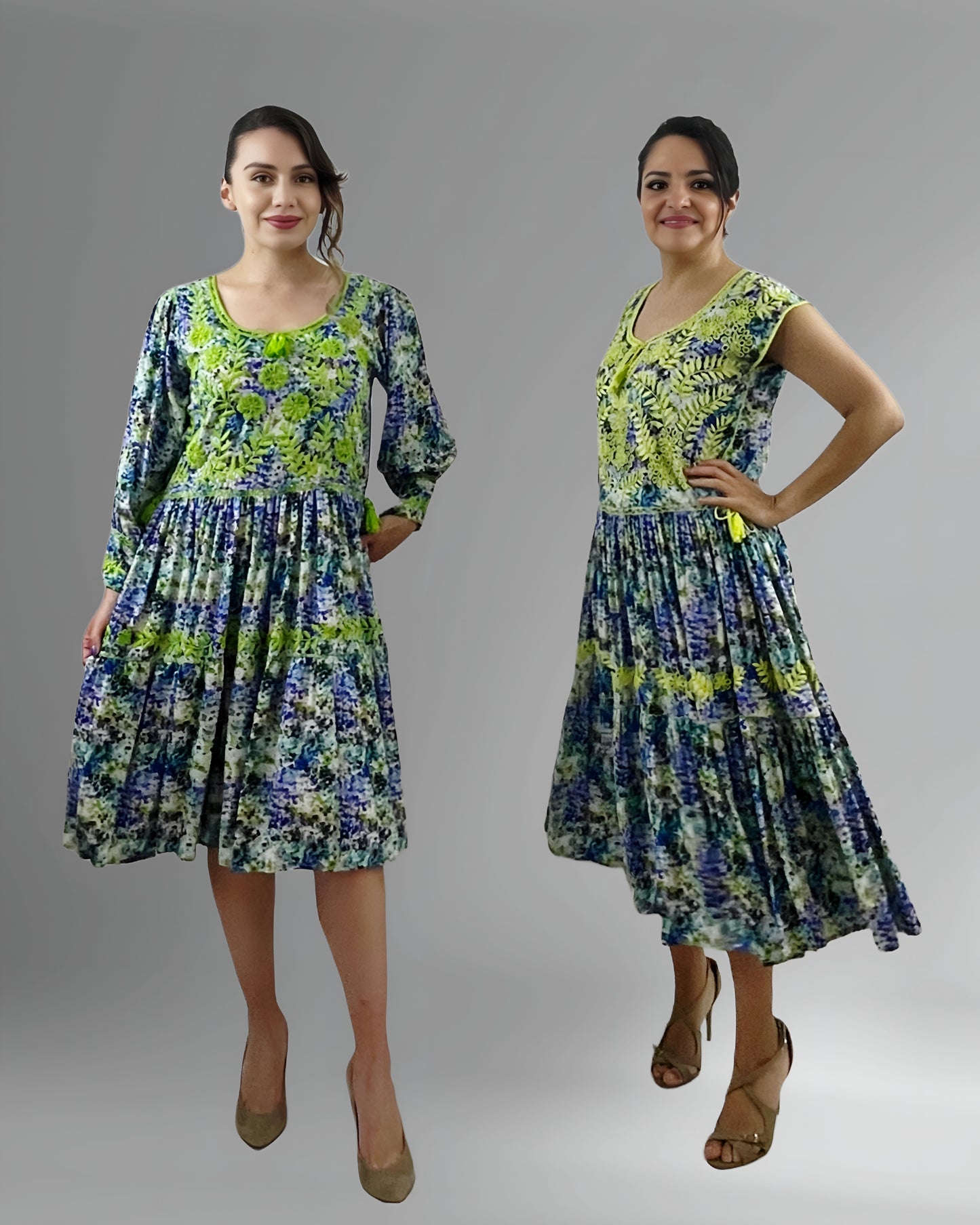 Vestido Tradicional Aguacatenango Dos Vuelos verde limón, vista frontal en modelos, manga larga y manga corta.