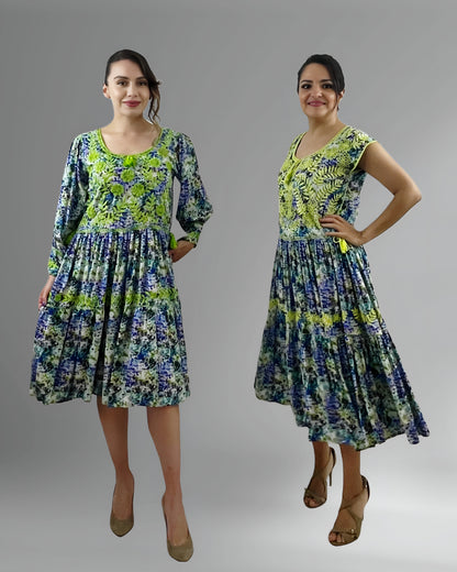 Vestido Tradicional Aguacatenango Dos Vuelos verde limón, vista frontal en modelos, manga larga y manga corta.