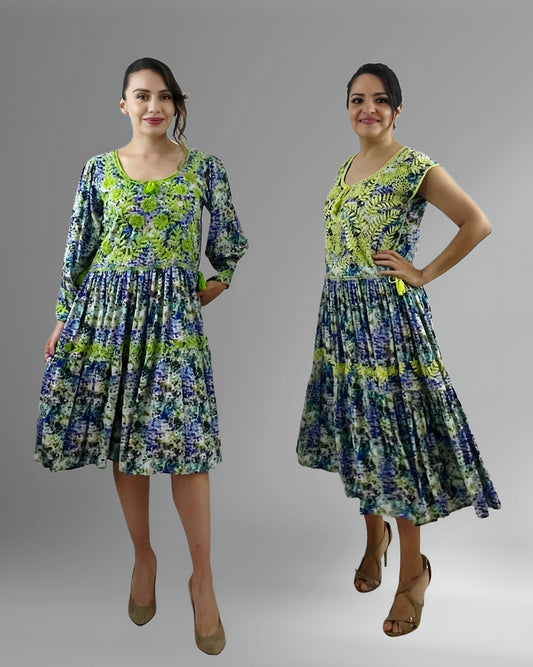 Vestido Tradicional Aguacatenango Dos Vuelos verde limón, vista frontal en modelos, manga larga y manga corta.