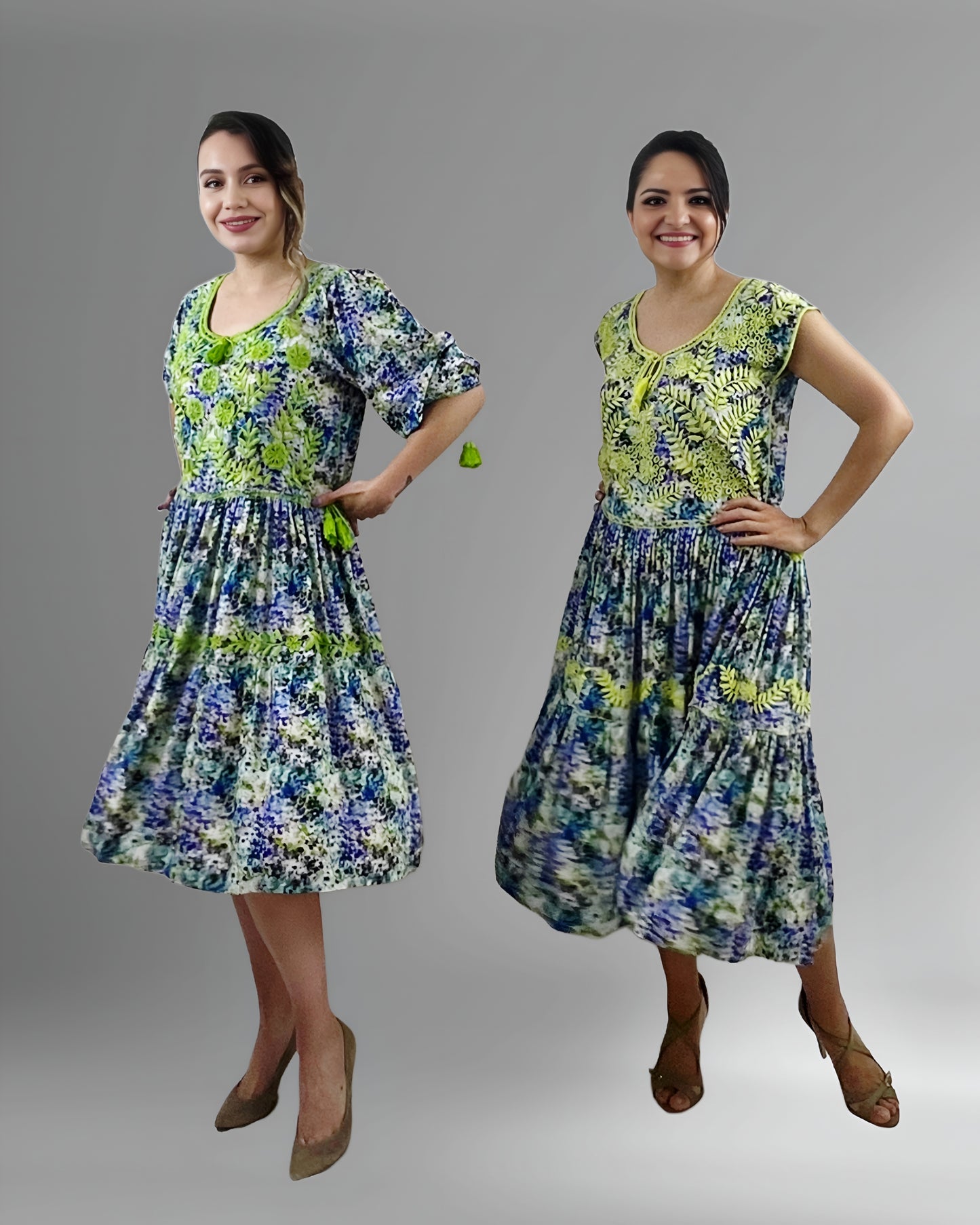 Vestido Tradicional Aguacatenango Dos Vuelos verde limón, vista en manga larga y manga corta en modelos.