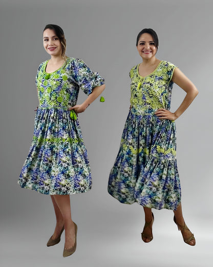 Vestido Tradicional Aguacatenango Dos Vuelos verde limón, vista en manga larga y manga corta en modelos.