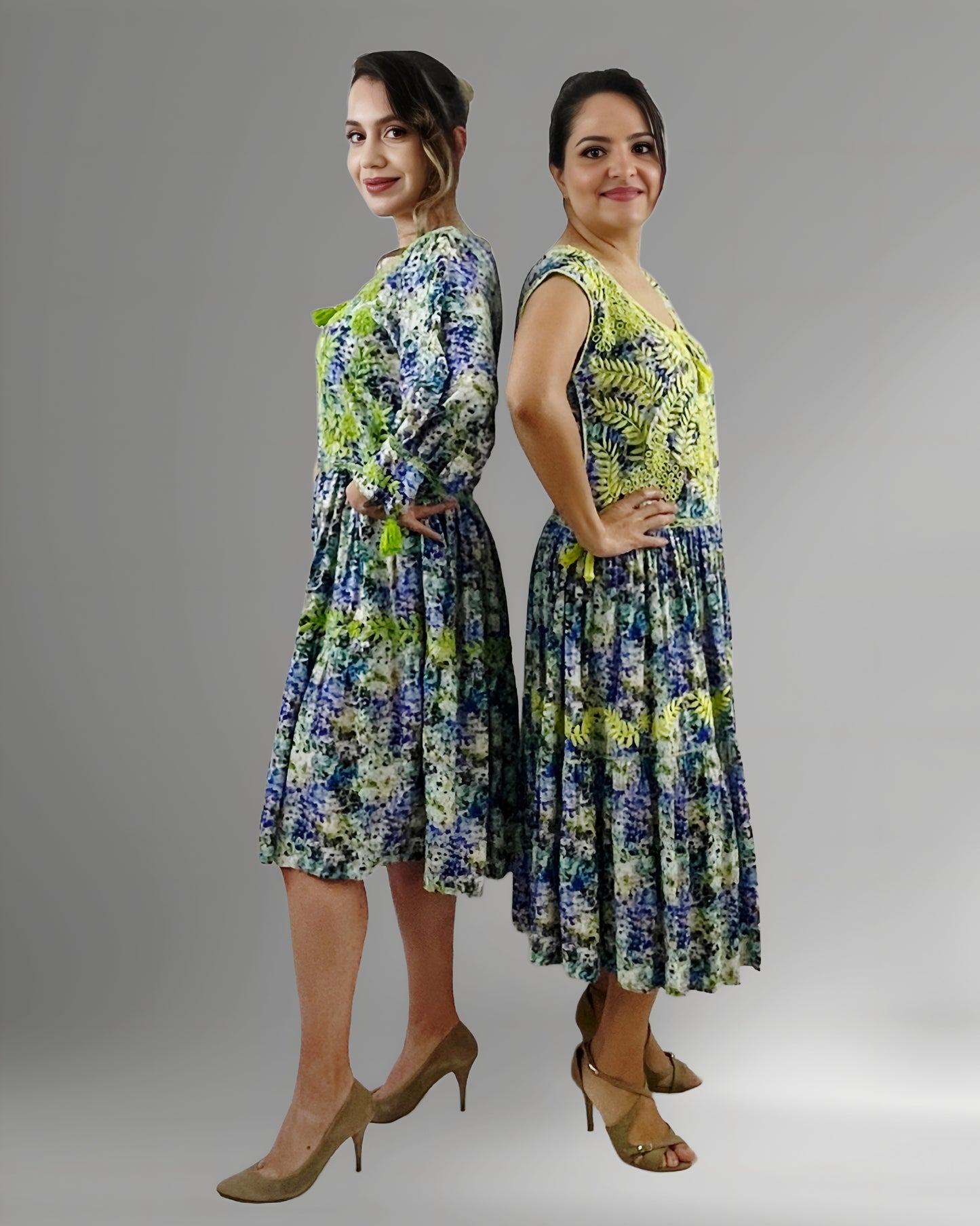Vestido Tradicional Aguacatenango Dos Vuelos verde limón, vista lateral en modelos, manga larga y manga corta.