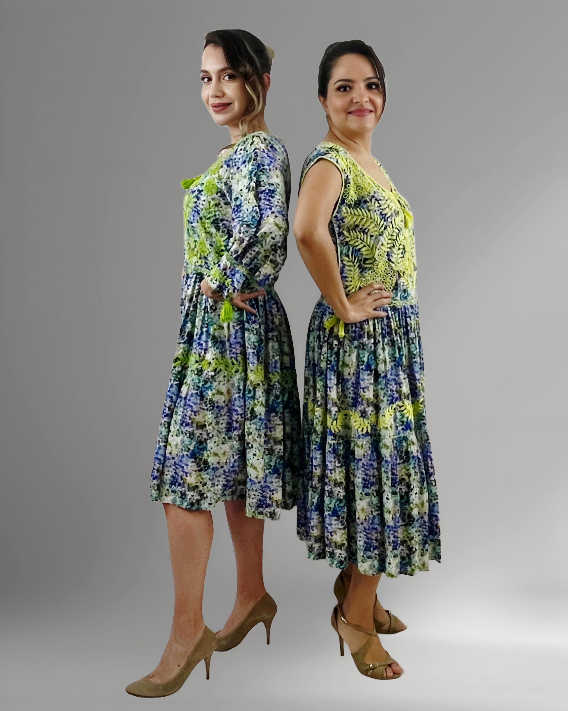 Vestido Tradicional Aguacatenango Dos Vuelos verde limón, vista lateral en modelos, manga larga y manga corta.