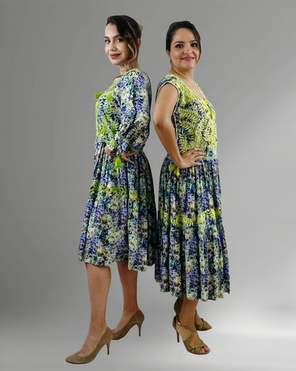 Vestido Tradicional Aguacatenango Dos Vuelos verde limón, vista lateral en modelos, manga larga y manga corta.