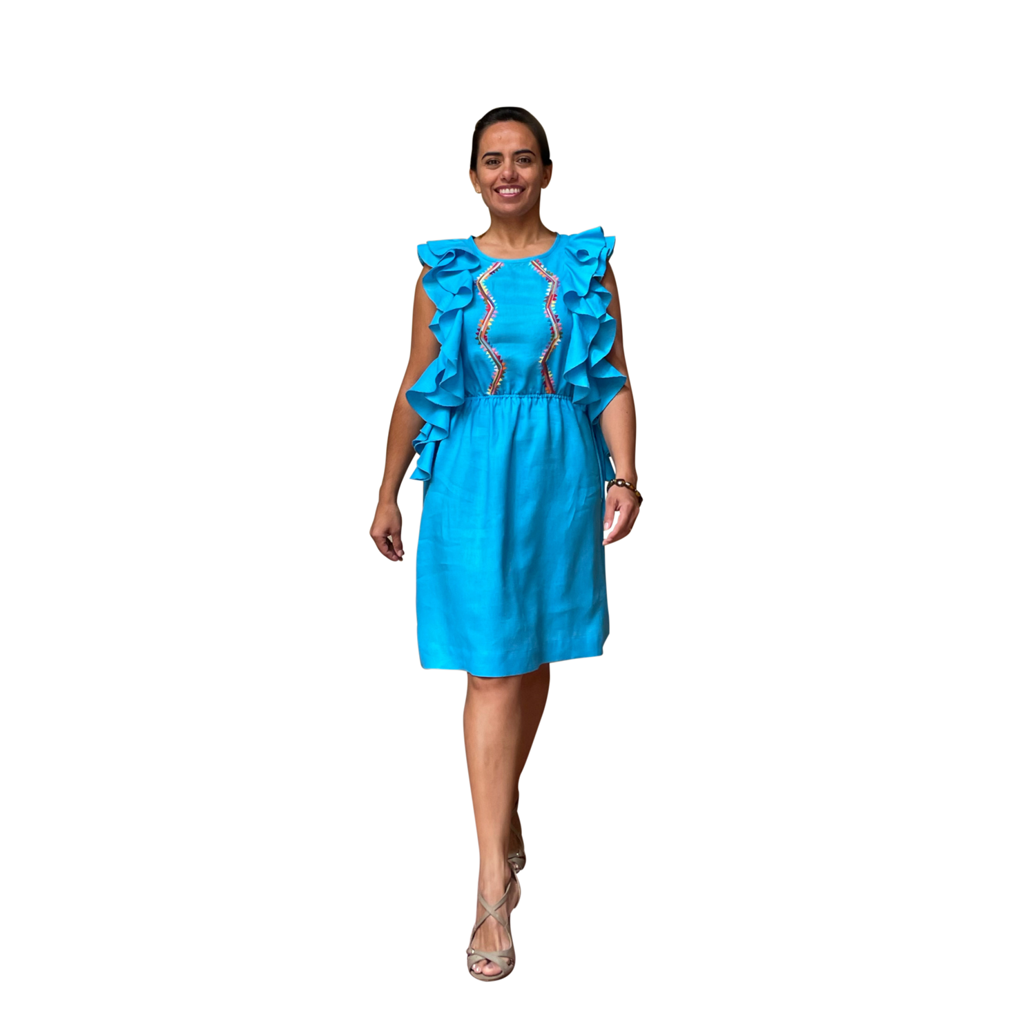 Vestido de Lino Turquesa Serpiente Olanes, vista frontal en modelo.