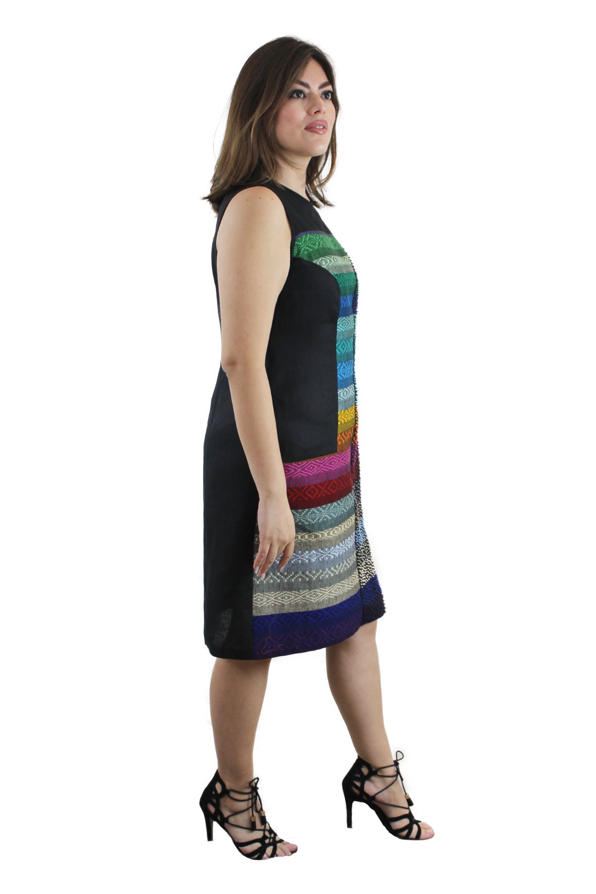Vestido de lino arcoiris punto francés vista lateral.