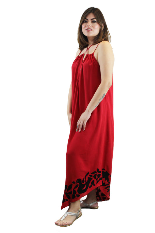 Vestido rayón palomas largo color rojo, vista lteral en modelo