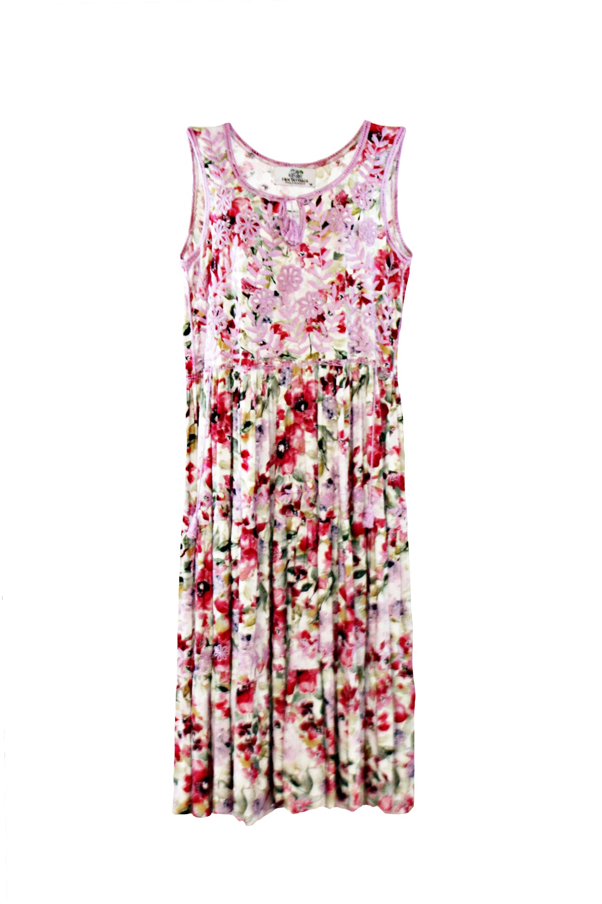 Vestido tradicional Aguacatenango sin manga estampado rosa, bordado lista, vista frontal.