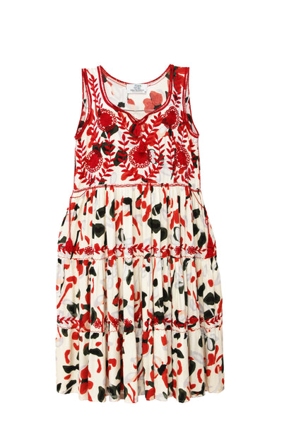 Vestido tradicional Aguacatenango sin mangas en tela blanca con estampado rojo. 