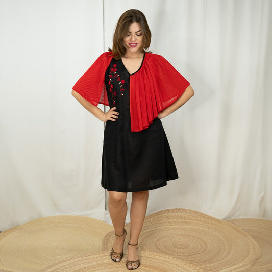 Vestido Lino Vuelo Plisado Bordado Durazno